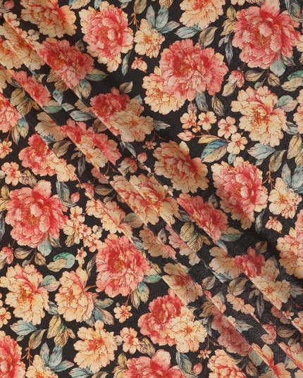 Jet Black Peony Floral Viscose Crepe Fabric 110cm