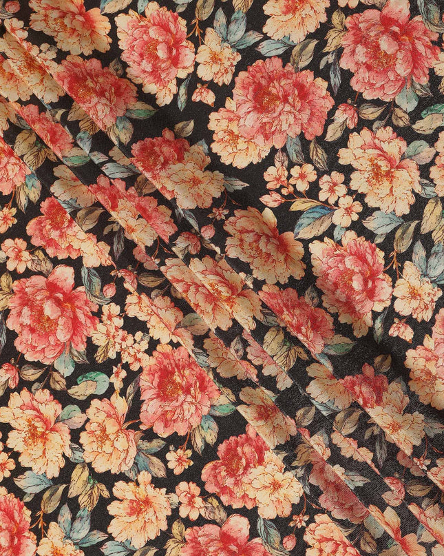 Jet Black Peony Floral Viscose Crepe Fabric 110cm