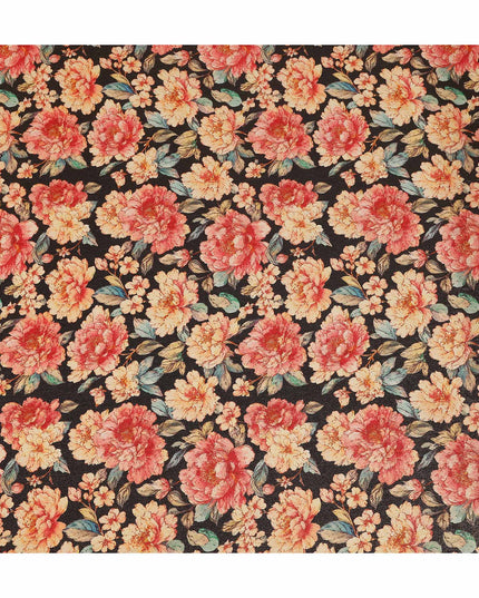 Jet Black Peony Floral Viscose Crepe Fabric 110cm