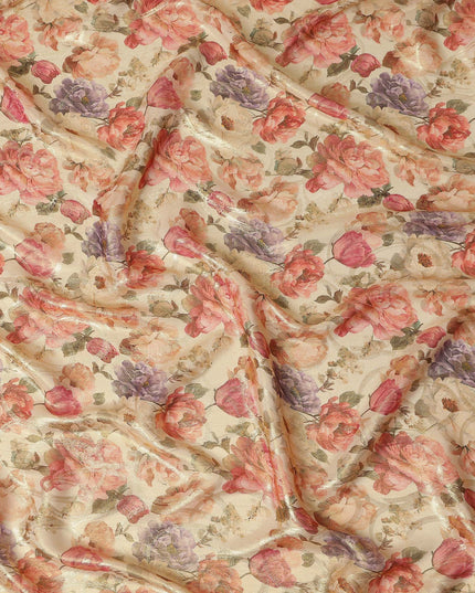 Ivory Cream Rose Floral Viscose Crepe Fabric 110cm