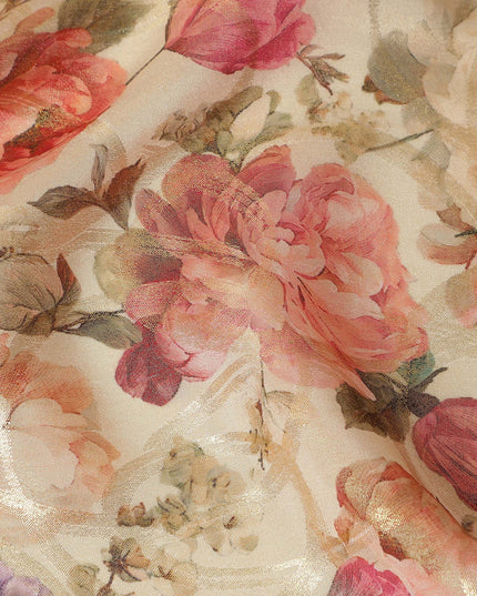 Ivory Cream Rose Floral Viscose Crepe Fabric 110cm