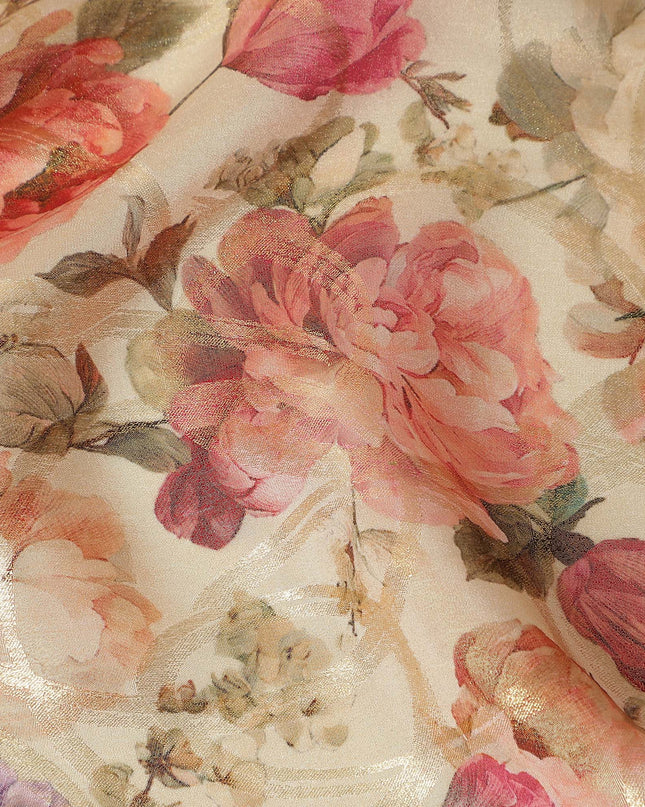 Ivory Cream Rose Floral Viscose Crepe Fabric 110cm