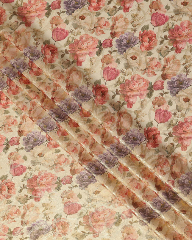 Ivory Cream Rose Floral Viscose Crepe Fabric 110cm