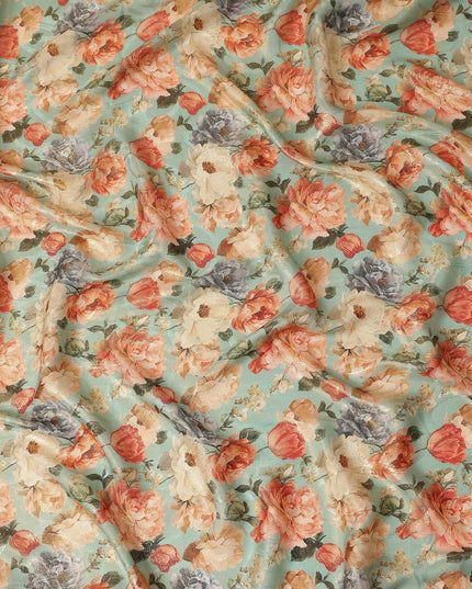 Mint Green Rose Floral Viscose Crepe Fabric 110cm