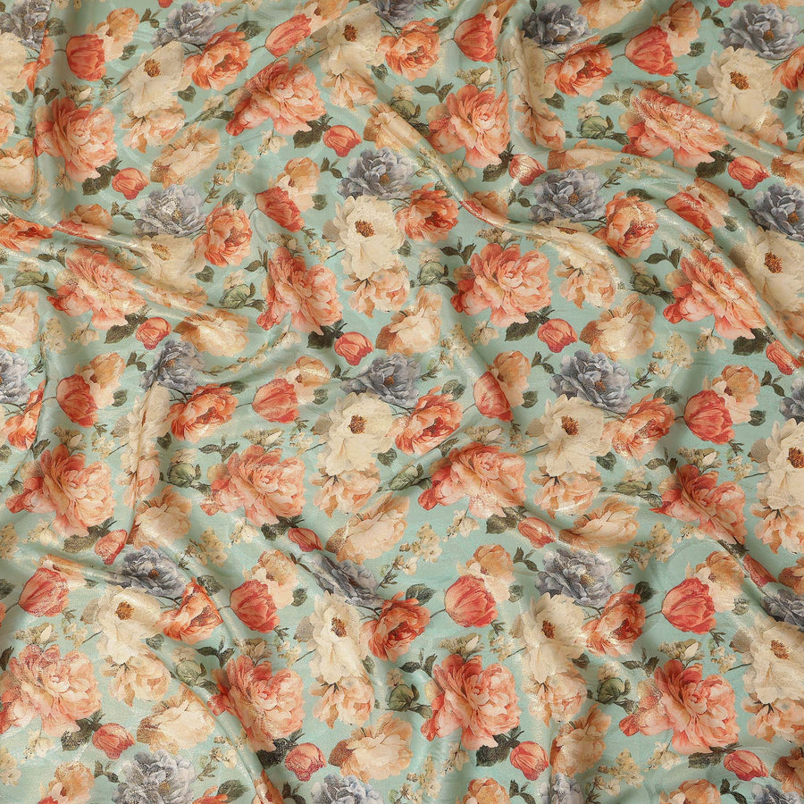Mint Green Rose Floral Viscose Crepe Fabric 110cm