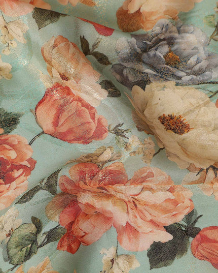 Mint Green Rose Floral Viscose Crepe Fabric 110cm