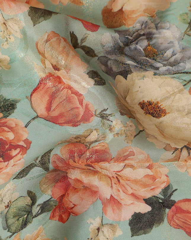 Mint Green Rose Floral Viscose Crepe Fabric 110cm