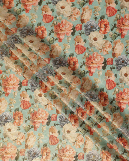 Mint Green Rose Floral Viscose Crepe Fabric 110cm