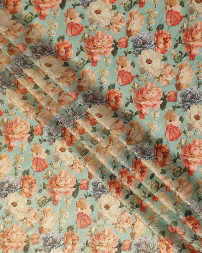 Mint Green Rose Floral Viscose Crepe Fabric 110cm
