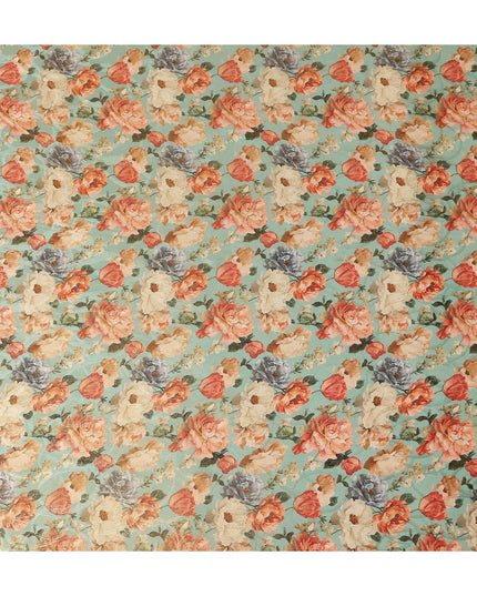 Mint Green Rose Floral Viscose Crepe Fabric 110cm