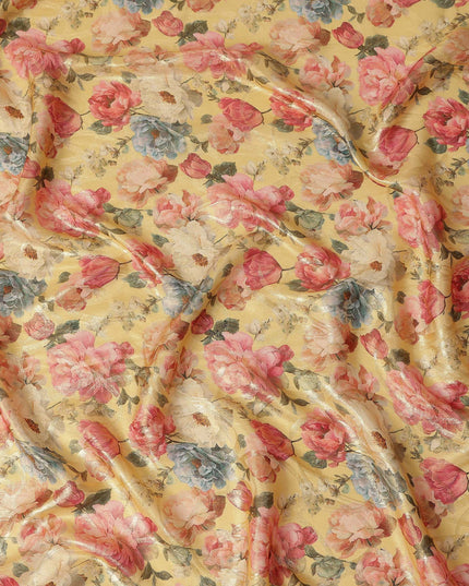 Butter Yellow Rose Floral Viscose Crepe Fabric 110cm