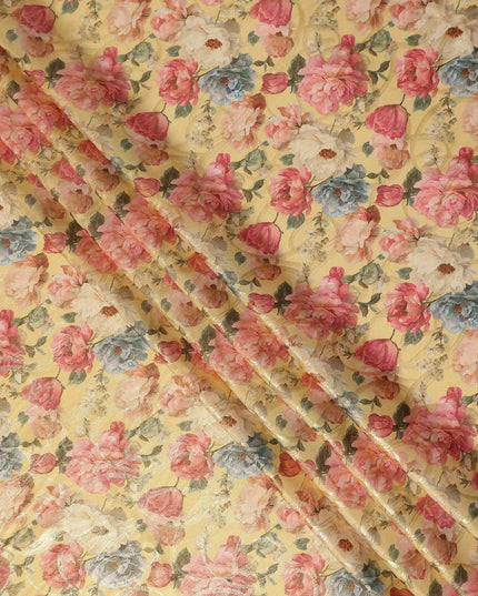 Butter Yellow Rose Floral Viscose Crepe Fabric 110cm