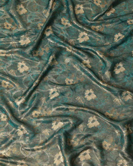 Teal Green Gold Foil Floral Viscose Crepe Fabric 110cm