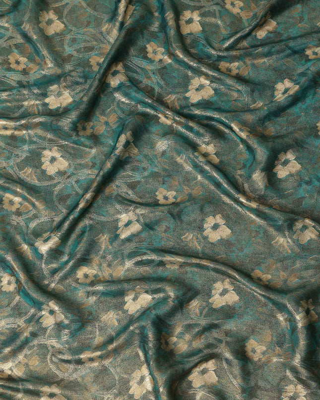 Teal Green Gold Foil Floral Viscose Crepe Fabric 110cm