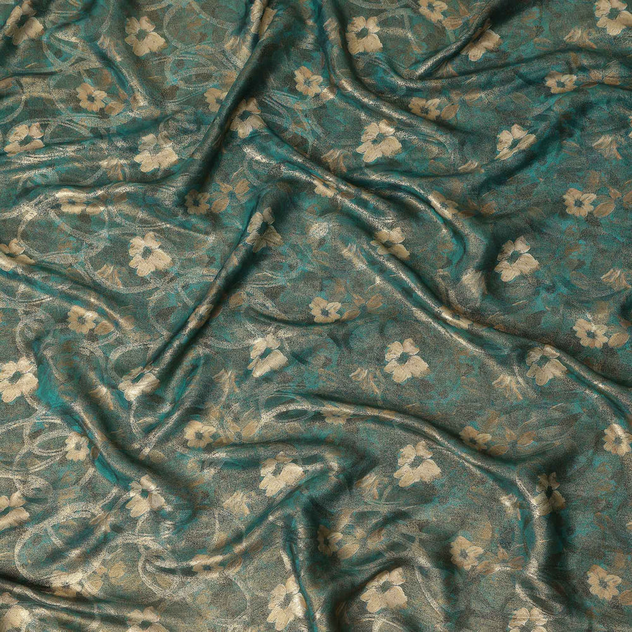 Teal Green Gold Foil Floral Viscose Crepe Fabric 110cm
