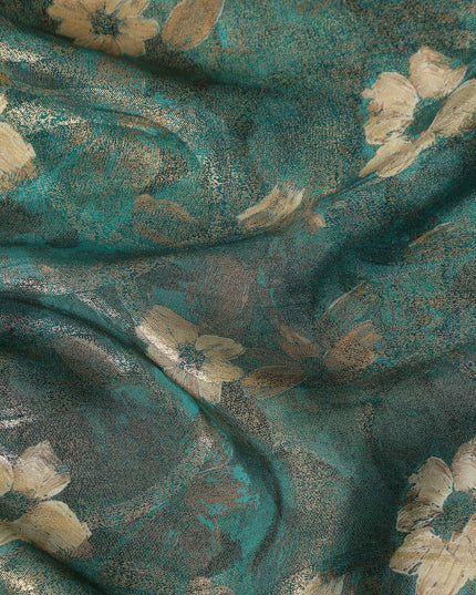 Teal Green Gold Foil Floral Viscose Crepe Fabric 110cm