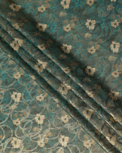 Teal Green Gold Foil Floral Viscose Crepe Fabric 110cm