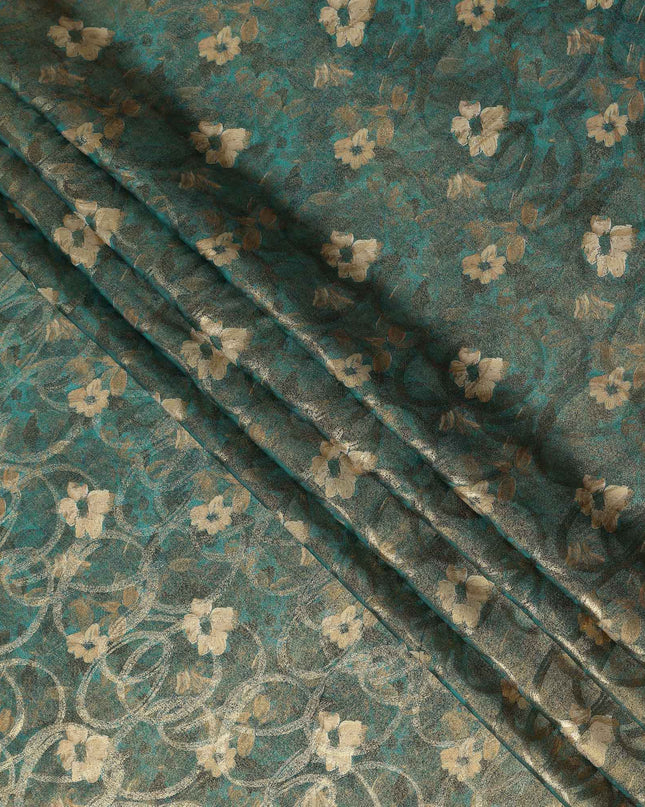 Teal Green Gold Foil Floral Viscose Crepe Fabric 110cm