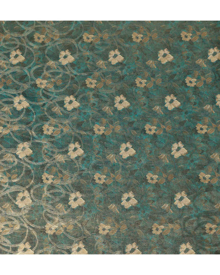 Teal Green Gold Foil Floral Viscose Crepe Fabric 110cm