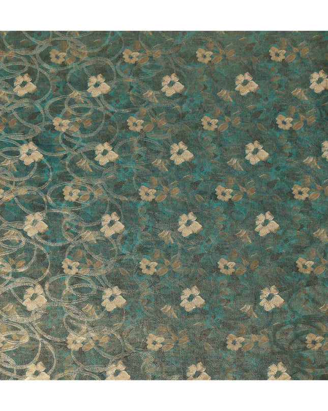 Teal Green Gold Foil Floral Viscose Crepe Fabric 110cm