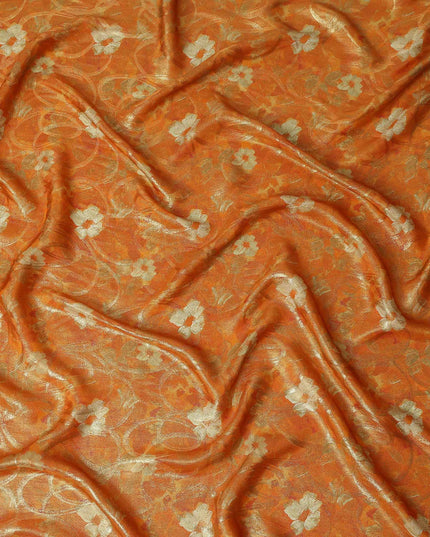 Tangerine Orange Gold Foil Floral Viscose Crepe Fabric 110cm