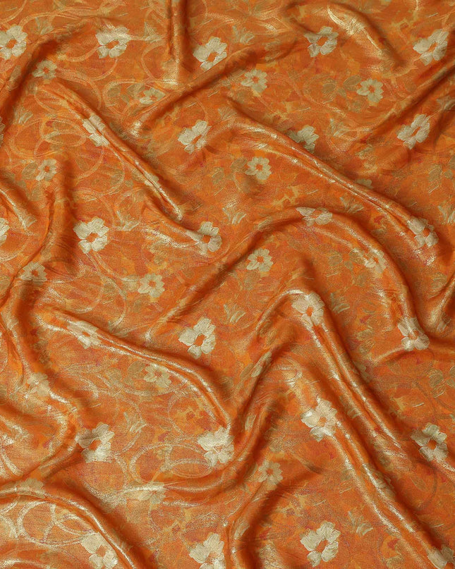 Tangerine Orange Gold Foil Floral Viscose Crepe Fabric 110cm