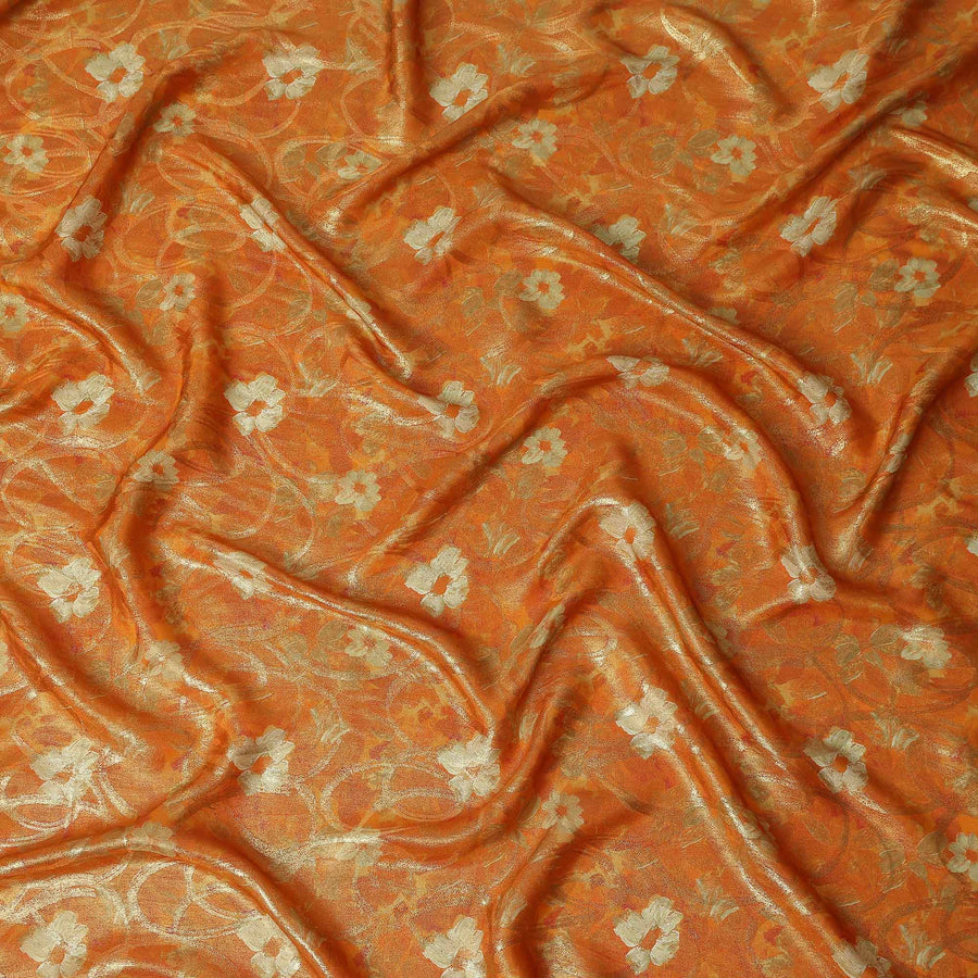 Tangerine Orange Gold Foil Floral Viscose Crepe Fabric 110cm