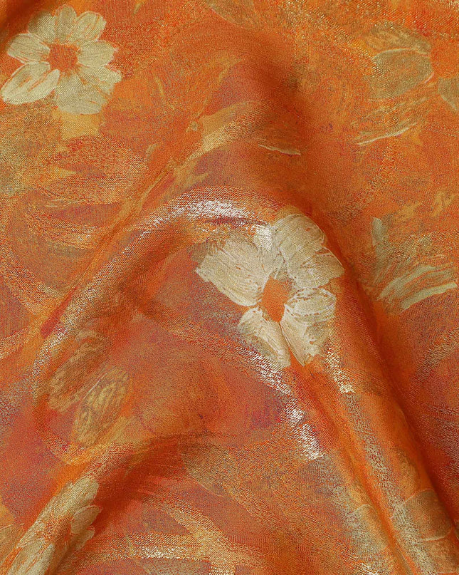 Tangerine Orange Gold Foil Floral Viscose Crepe Fabric 110cm