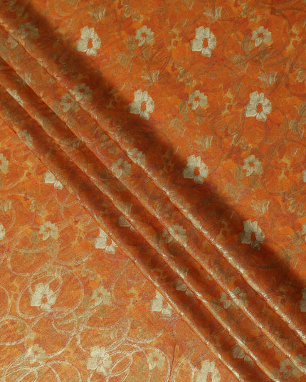 Tangerine Orange Gold Foil Floral Viscose Crepe Fabric 110cm