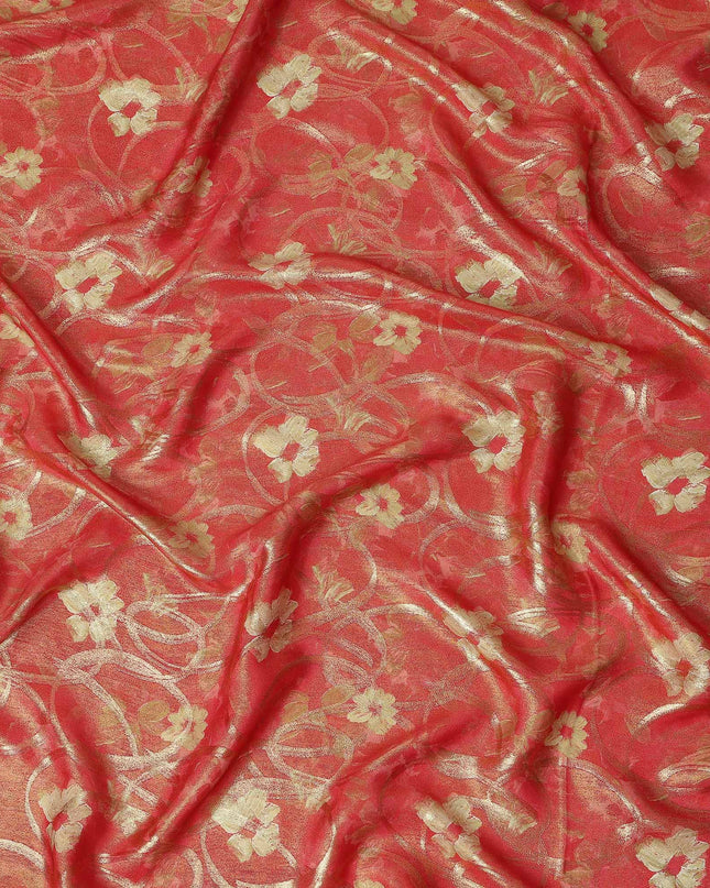 Coral Red Gold Foil Floral Viscose Crepe Fabric 110cm