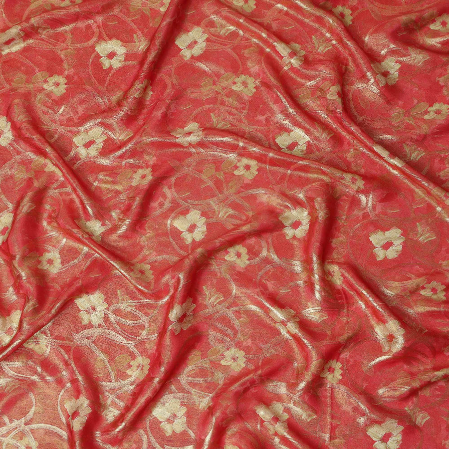 Coral Red Gold Foil Floral Viscose Crepe Fabric 110cm