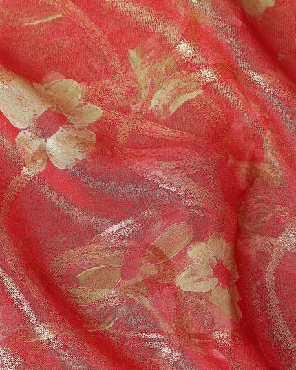 Coral Red Gold Foil Floral Viscose Crepe Fabric 110cm