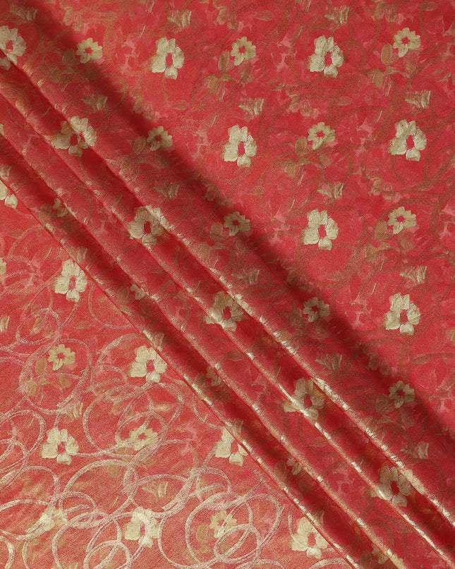 Coral Red Gold Foil Floral Viscose Crepe Fabric 110cm