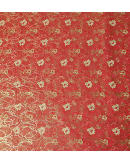 Coral Red Gold Foil Floral Viscose Crepe Fabric 110cm