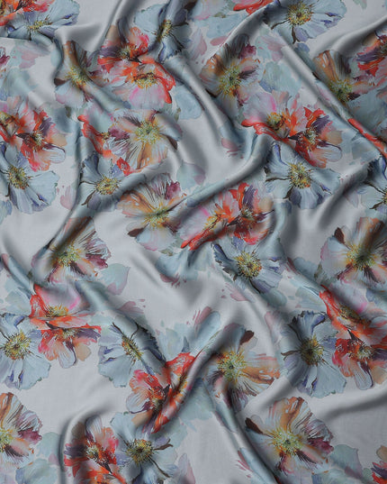 Powder Blue Poppy Floral Pure Silk Chiffon Fabric