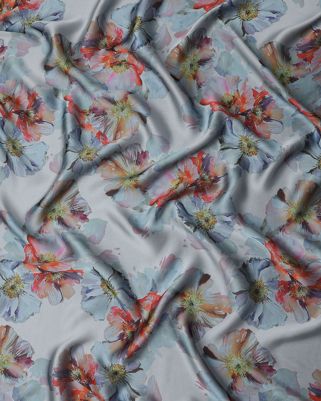 Powder Blue Poppy Floral Pure Silk Chiffon Fabric
