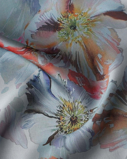 Powder Blue Poppy Floral Pure Silk Chiffon Fabric