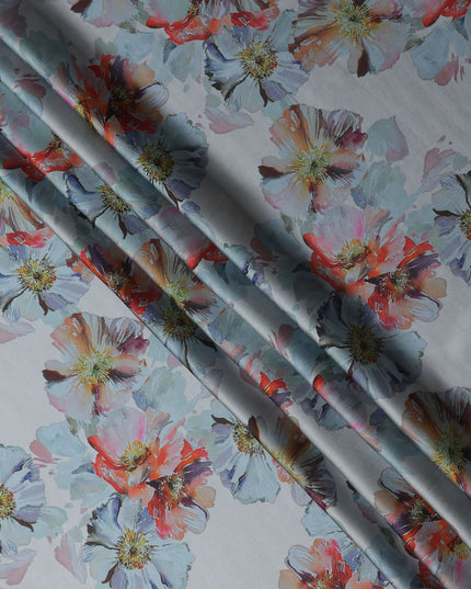 Powder Blue Poppy Floral Pure Silk Chiffon Fabric