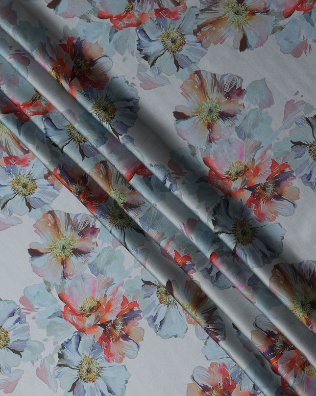 Powder Blue Poppy Floral Pure Silk Chiffon Fabric