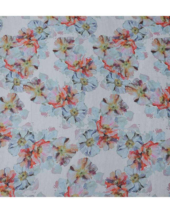 Powder Blue Poppy Floral Pure Silk Chiffon Fabric
