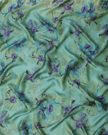 Seafoam Mint Green Violet Floral Pure Silk Chiffon Fabric