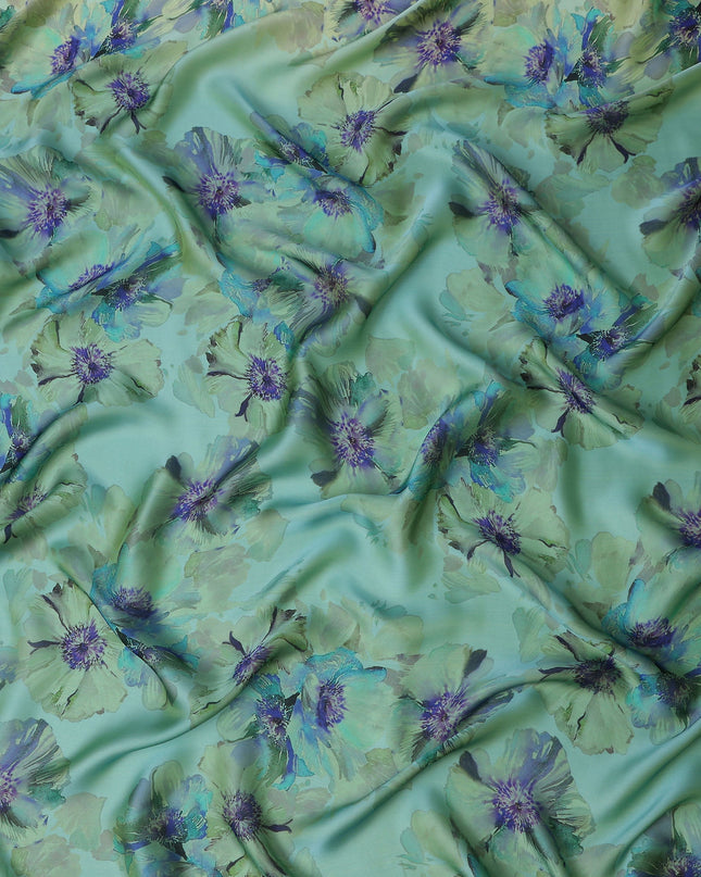 Seafoam Mint Green Violet Floral Pure Silk Chiffon Fabric