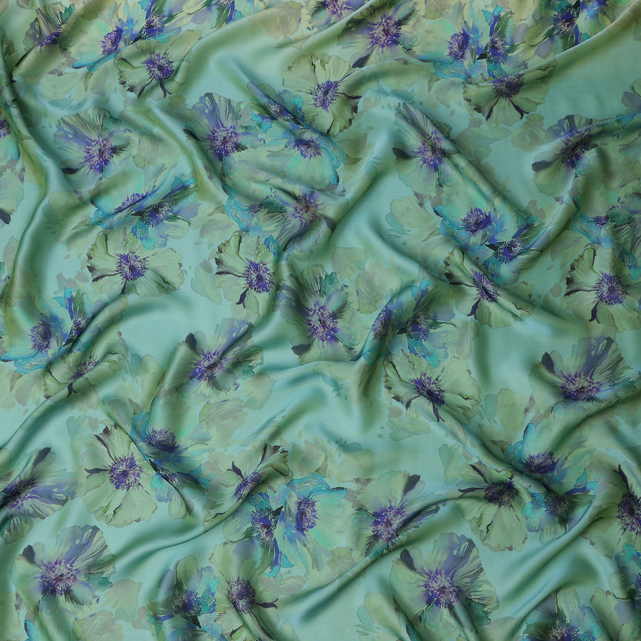 Seafoam Mint Green Violet Floral Pure Silk Chiffon Fabric