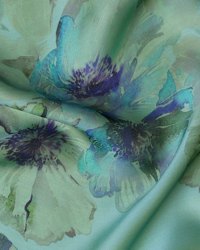 Seafoam Mint Green Violet Floral Pure Silk Chiffon Fabric