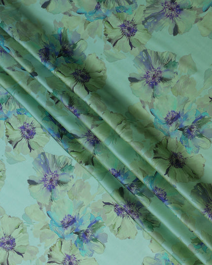 Seafoam Mint Green Violet Floral Pure Silk Chiffon Fabric
