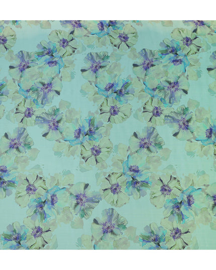Seafoam Mint Green Violet Floral Pure Silk Chiffon Fabric
