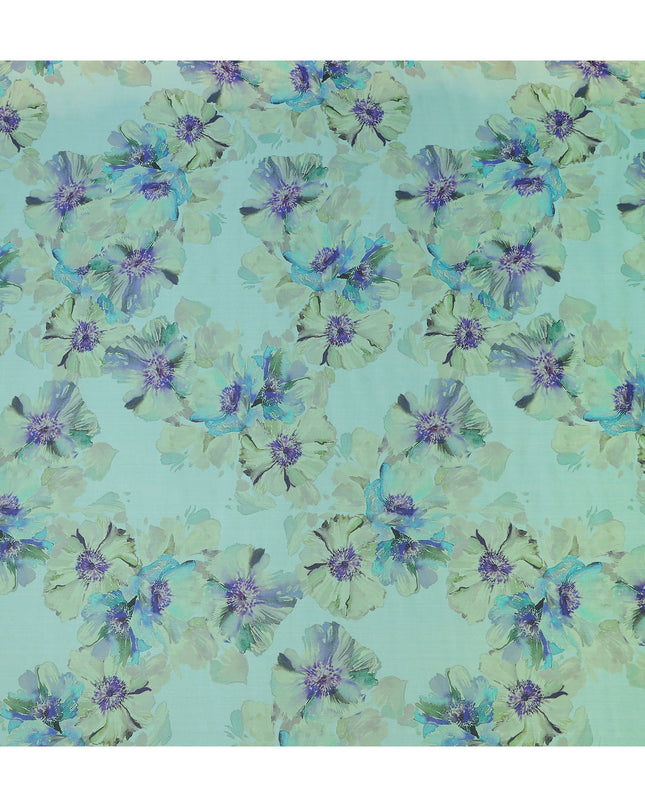 Seafoam Mint Green Violet Floral Pure Silk Chiffon Fabric