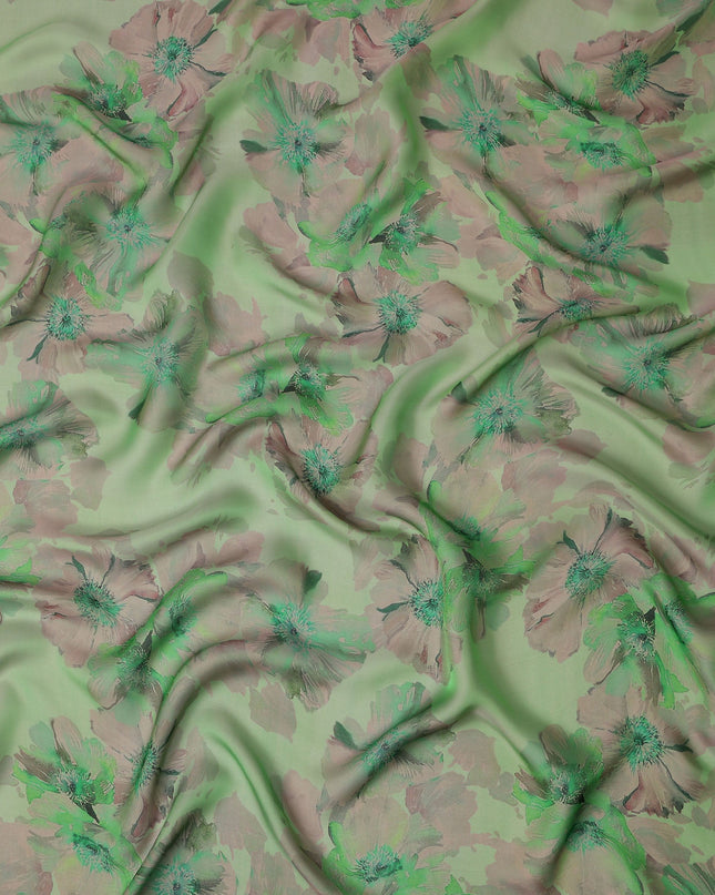 Olive Sage Green Mauve Floral Pure Silk Chiffon Fabric