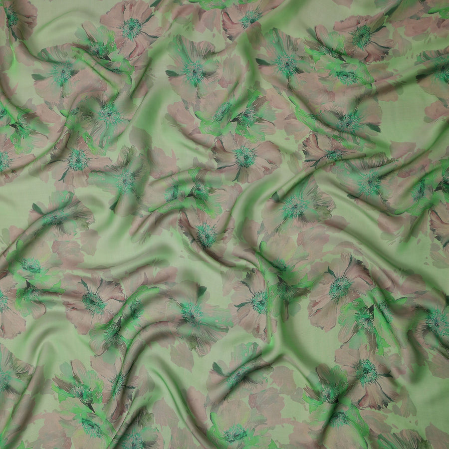 Olive Sage Green Mauve Floral Pure Silk Chiffon Fabric