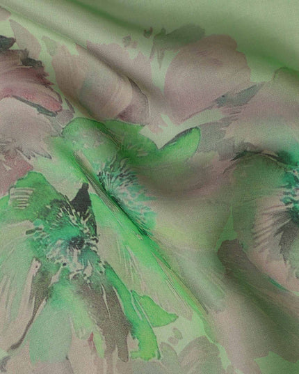 Olive Sage Green Mauve Floral Pure Silk Chiffon Fabric
